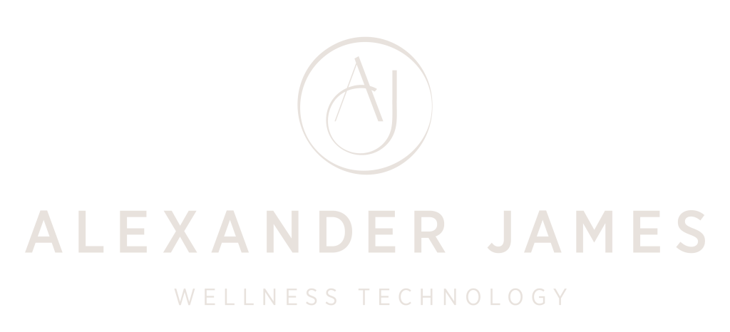Alexander James logo with the tagline "Wellness Technology" in cream oat colour